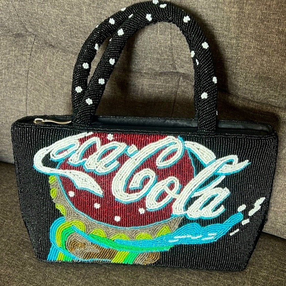 RARE Vintage SEED BEADED COCA COLA Top Handle Bag